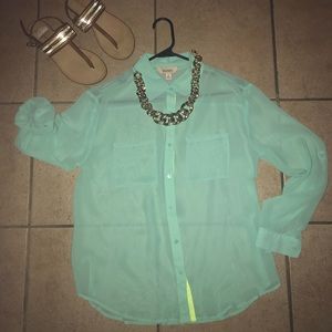 NWOT Decree mint green sheer button down blouse